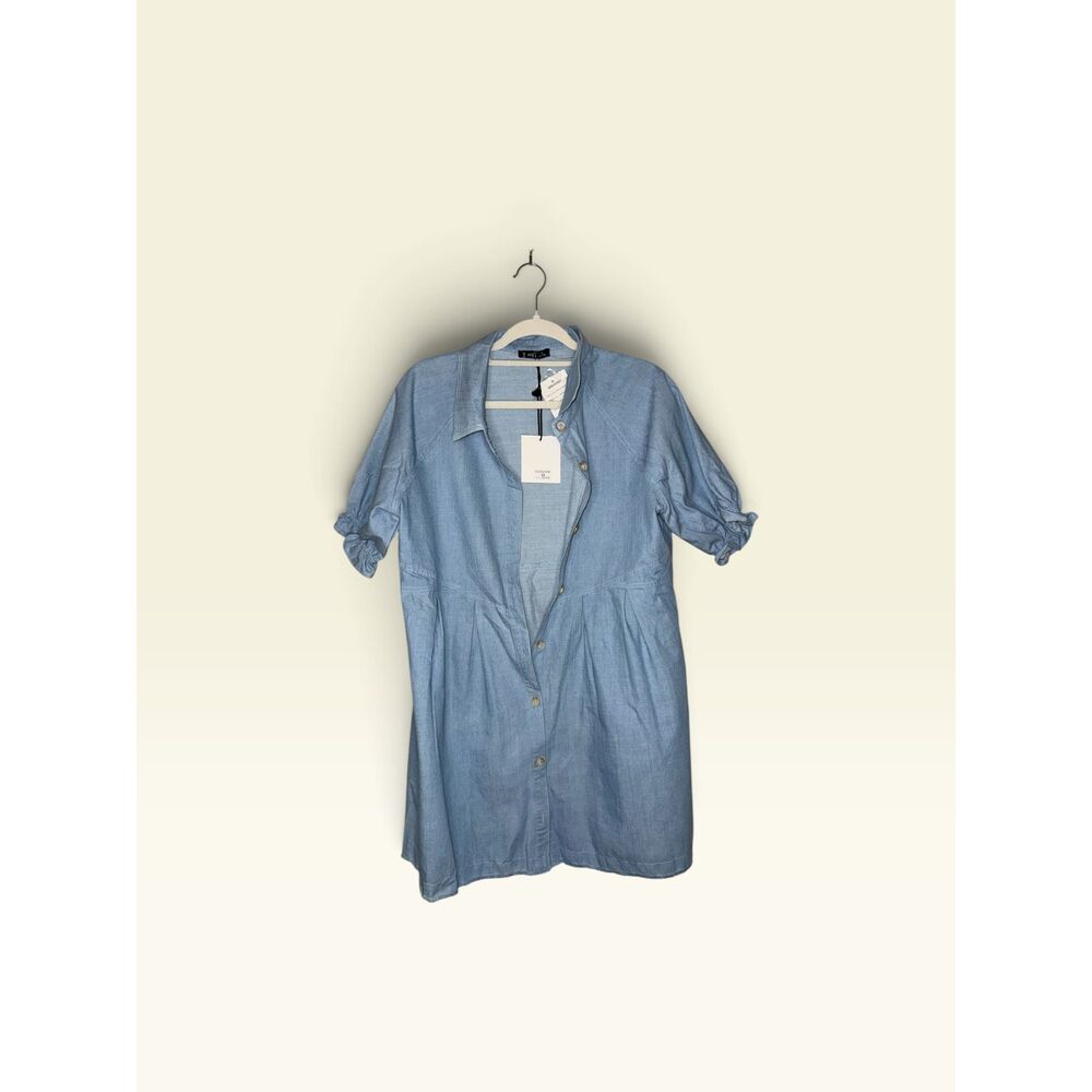 Very J Women's Light Indigo Chambray Button Front Shirt Dress Ruffle Sleeve NWT